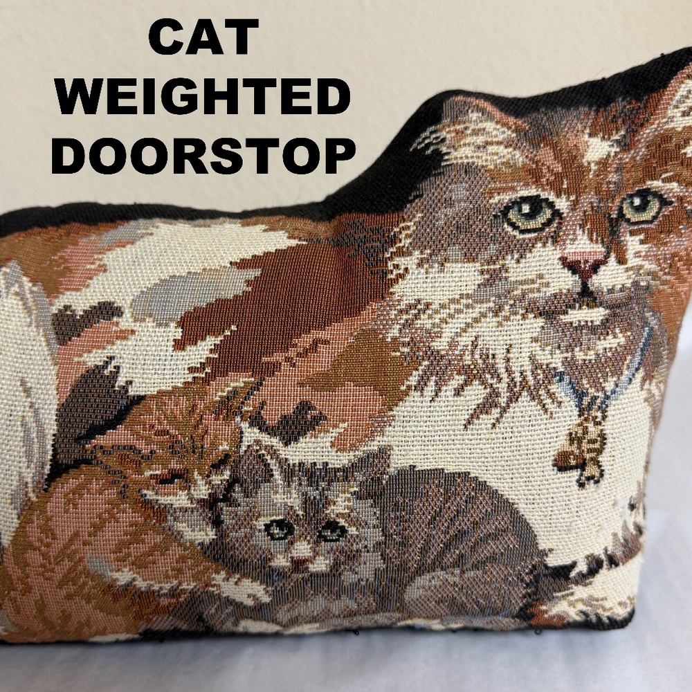 Vintage Tapestry Needle Point Plush Cat and Kittens Weighted Doorstop